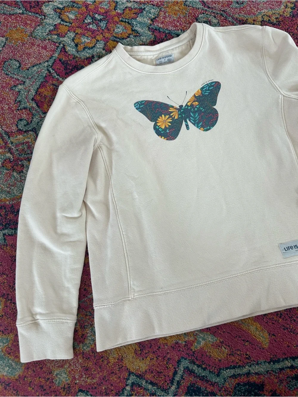 Life Is Good | Women’s Cream Crewneck Floral Butterfly Print Sweatshirt Size M